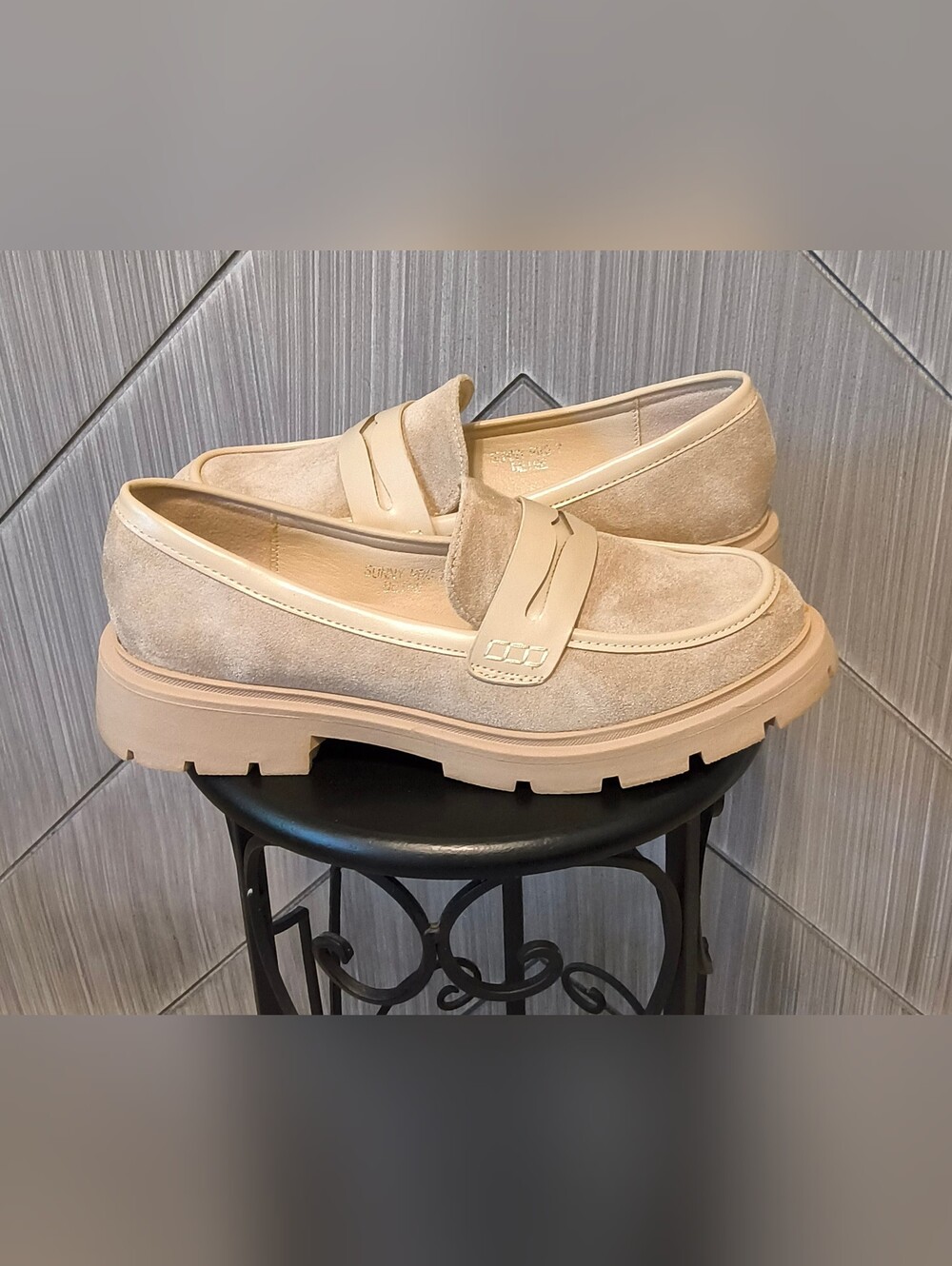 Vera Creation 7 Beige Suede Lug Sole Penny Loafers Preppy Minimalist Tonal